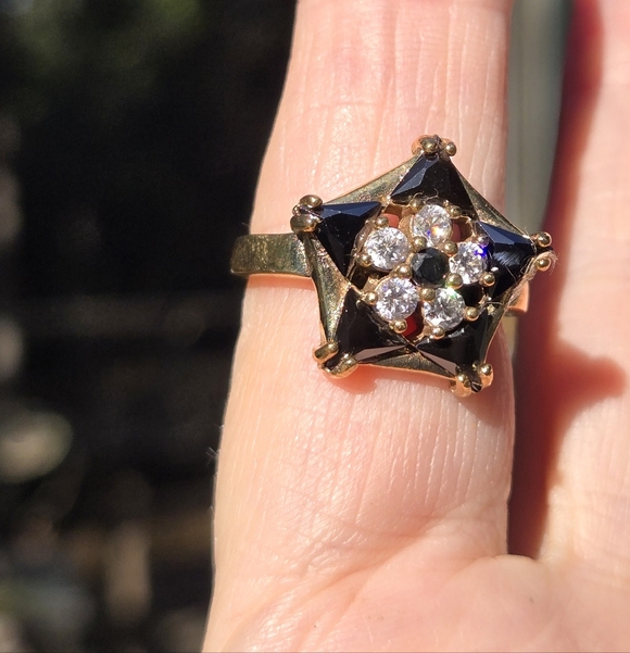 Black onyx & white Topaz star Sterling Gold & Bronze ring sz8 - Picture 5 of 10
